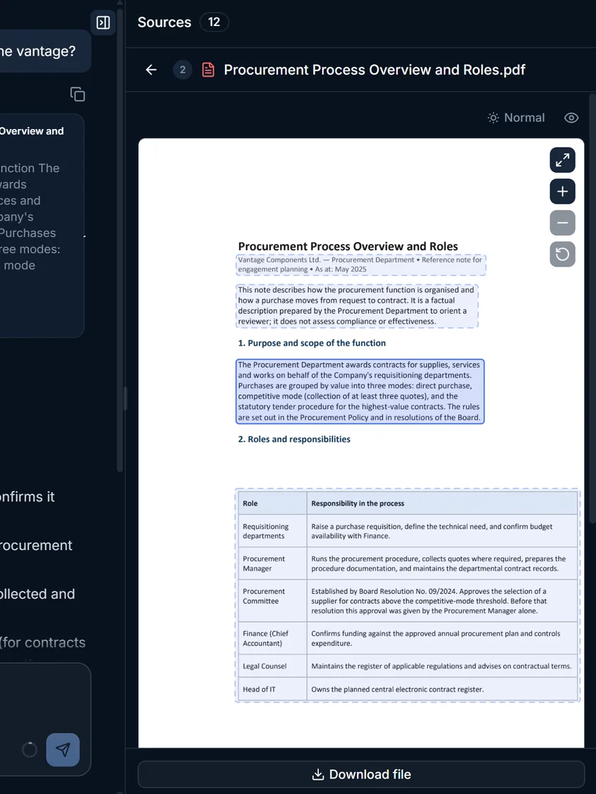 CortexMine interface: an answer with numbered citations and the source document open at the cited passage.